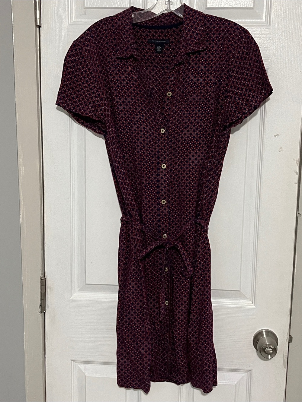 Tommy Hilfiger Short-Sleeve Button-Front Shirt Dress in Burgundy Print